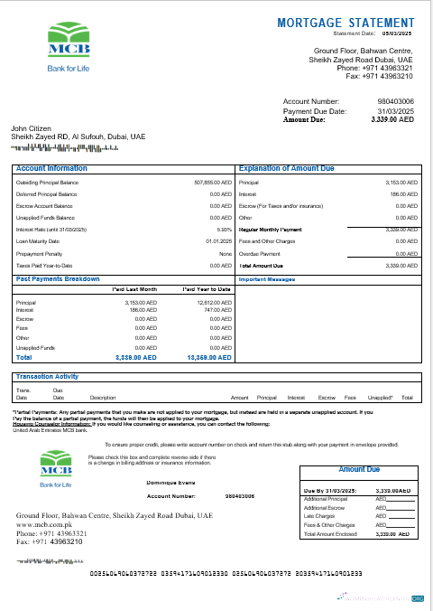 Download United Arab Emirates MCB bank mortgage statement in Word and PDF formats Photoshop template